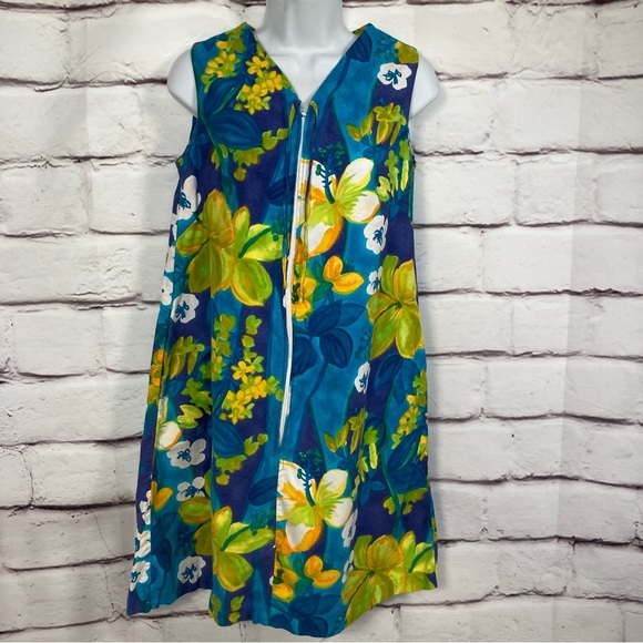 Vintage Sears 100% Cotton Bright Floral Dress SZ S Blue Yellow Cover-Up Zips - Picture 2 of 12
